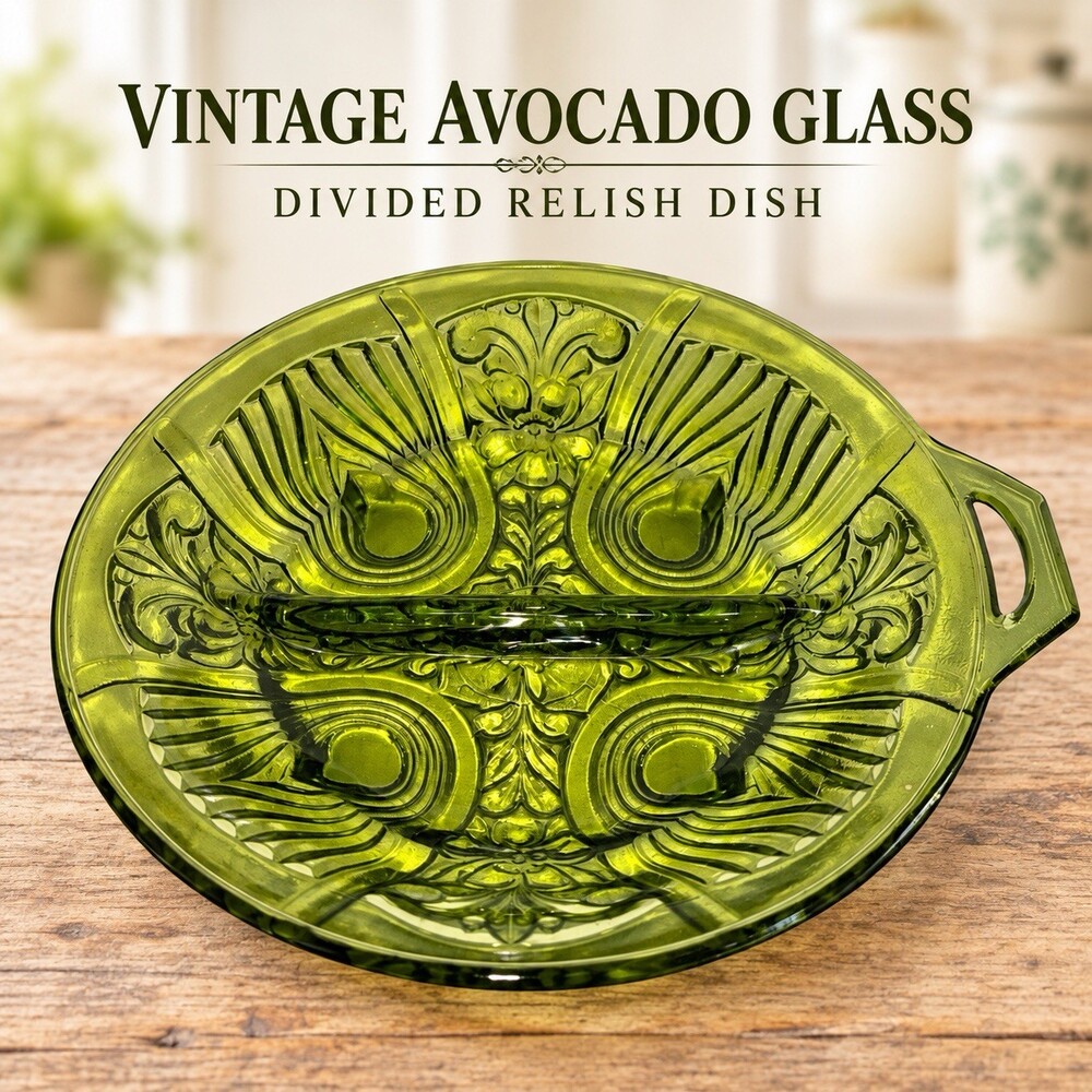Mid Century Vintage Indiana Glass Killarney Avocado Green Divided Relish Dish